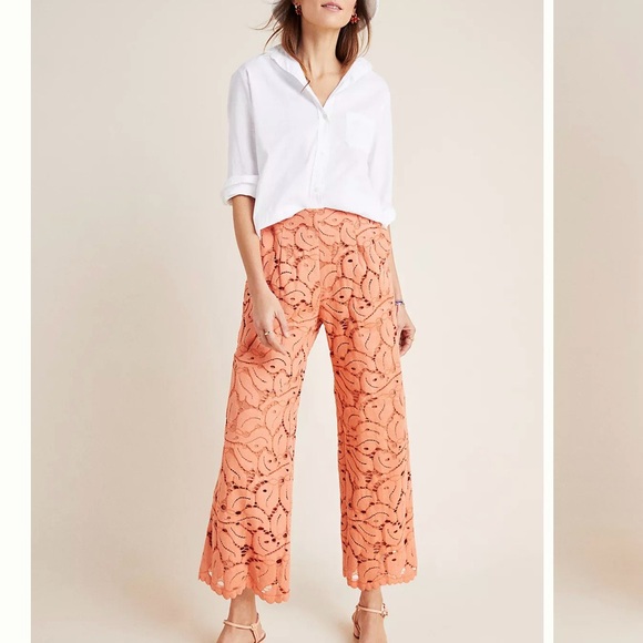 Anthropologie Pants - Anthropologie Dolly Lace Trousers Orange Lace Wide-Leg Pants, Size 8